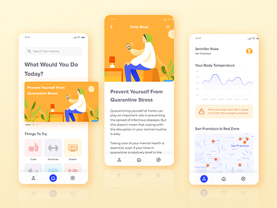 🛡💊 Coronavirus Quarantine Assistant App app assistant clean coronavirus covid19 illustration mobile simple ui ux white yellow