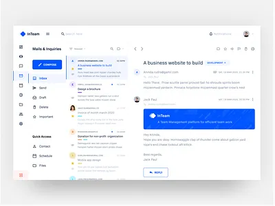 InTeam Inbox UI blue clean color palette email gmail inbox list mail material message nav ui web app