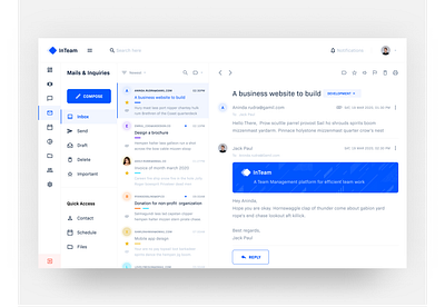 InTeam Inbox UI blue clean color palette email gmail inbox list mail material message nav ui web app