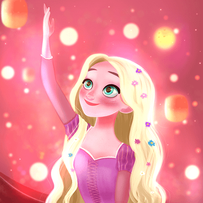 Tangled – Disney Princesses Fanart Drawings blonde cartoon cartoon character cartoon illustration character design character illustration dress girl glitter green eyes illustration pink pink dress princess tangled