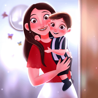 One of My Commissions boy cartoon cartoon character cartoon illustration character design character illustration child girl illustration mom mom with son mother room smile son woman