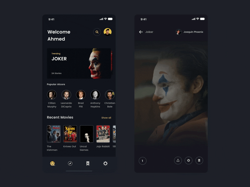 Movies Quotes UI motion actor animation app dark ui design film interaction interaction design ios ios app joker motion motion design movies movies app quote quotes story ui ux