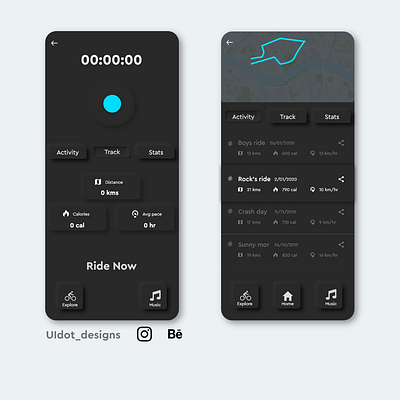 Dark Theme Soft Elements Ride Tracker adobexd aesthetic app designer dark ui darktheme design designers git hub designlife designthinking dribble shot interfacedesign minimalistic tracker ui uidesign uiuxdesigner userinterfacedesign