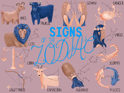 Signs Of The Zodiac aquarius aries cancer capricorn coloured pencil constellations gemini horoscopes illustration infographic leo libra pisces procreate app sagittarius scorpio star signs taurus virgo zodiac signs