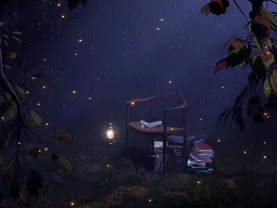 Hidden reading spot 3d after effects art blender book concept art creation design environment fireflies forest illustration night photoshop woods