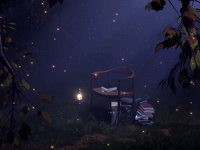 Hidden reading spot 3d after effects art blender book concept art creation design environment fireflies forest illustration night photoshop woods