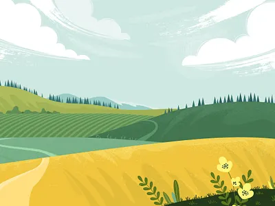 Countryside landscape 2d adobe illustrator background background design country countryside design fields flat grass illustartion illustration landscape rural sky spring summer textured vector village