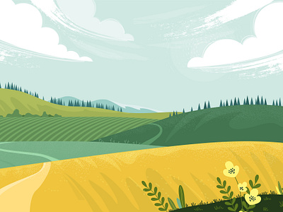 Countryside landscape 2d adobe illustrator background background design country countryside design fields flat grass illustartion illustration landscape rural sky spring summer textured vector village