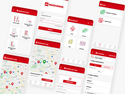 ROCKWOOL App Design android app app design application calculator design graphic icon icon design illustration industrial industry minimal red ui ux vector