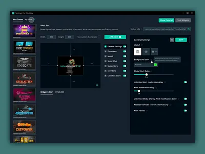 Alertbox settings redesign for Streamlabs alert box alerts animation animation 2d animation design animations dark mode dark theme dark ui interface redesign setting settings settings page settings ui streamlabs ux uxdesign video widget
