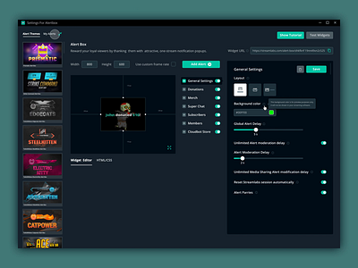 Alertbox settings redesign for Streamlabs alert box alerts animation animation 2d animation design animations dark mode dark theme dark ui interface redesign setting settings settings page settings ui streamlabs ux uxdesign video widget