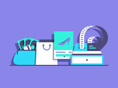 Shopping bag cash cash register flat flat design illustration illustrator purse shoes shopping vector vibrant