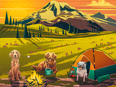 All The Best 2d animal campfire camping cascades digital painting dog illustration landscape mountain pacific pet pnw procreate rainier seattle sunset tent volcano washington