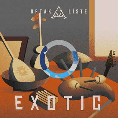 Exotic: A Still Life Playlist Cover app calimba cover art exotic grain texture grainy guitar illustration instruments kamancha marimba minimalist music pipes playlist saz stilllife stippled