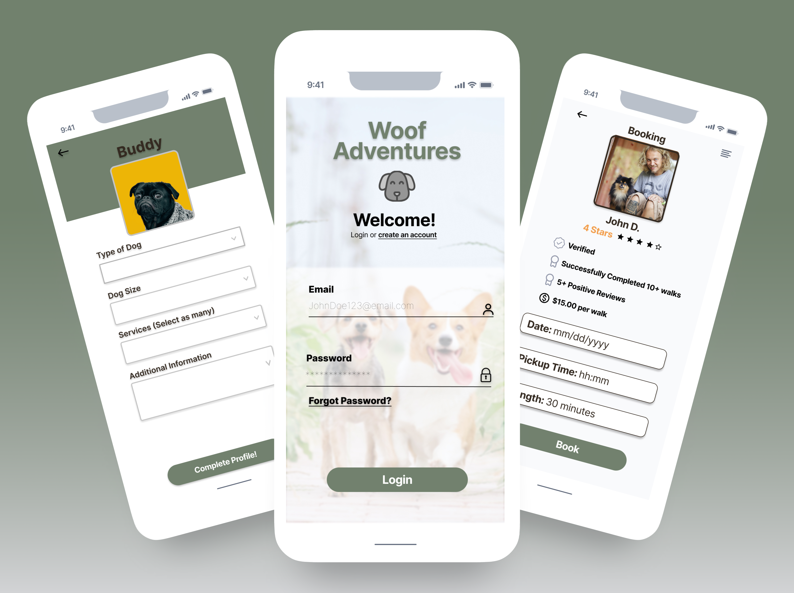 Woof Adventures - Dog Walking Application app design ui ux