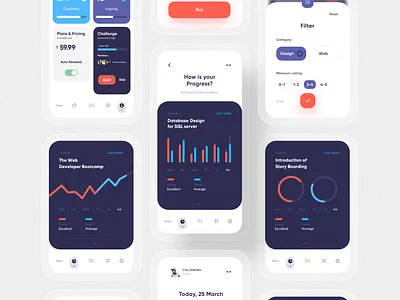 Online learning App UI app app design application application ui cards cards ui clean ui learning app minimal mobile app mobile design mobile ui modern design online learning progress ui ui design uiux ux