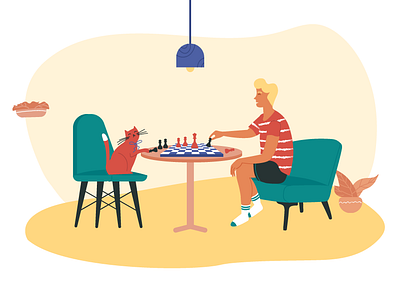 Entertaining game cat chess game home illustration man stayhome vector