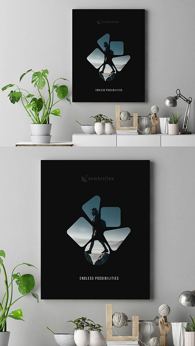 Oumbrellae poster mockup branding endless possiblities hiking insurance man standing mockup mountain office plants poster poster art poster design umbrella