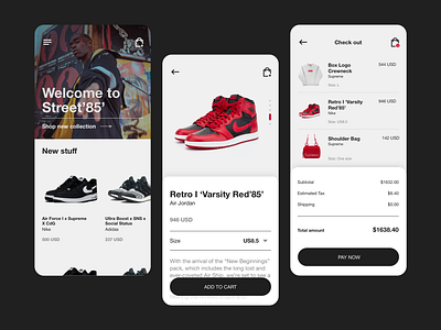 Streetwear shop - mobile app adidas app cart clothes design ecommerce ecommerce app ecommerce design nike shoes shop shopping streetwear supreme ui ux white