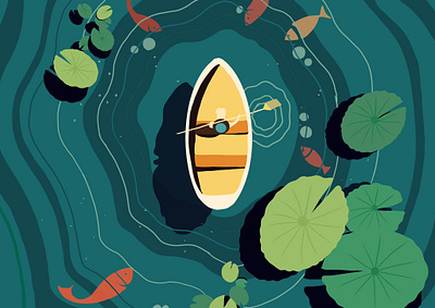 Escape from city boat cartooning digital illustration illustration lilypad nature illustration relaxing river