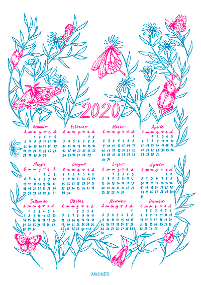 2020 Calendar 2020 beetle butterfly calendar calendar design caterpillar childrens illustration design drawing flowers gicleeprint illustration insects leaves line manisinistre moth nature poster print