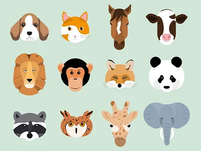 Animal face animals art avatar beerlabel cat character cow cute design dog elephant face fox giraffe horse illustration lion monkey owl raccoon