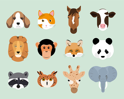 Animal face animals art avatar beerlabel cat character cow cute design dog elephant face fox giraffe horse illustration lion monkey owl raccoon