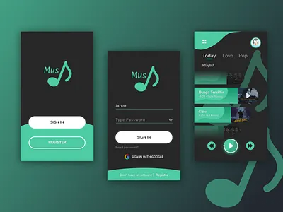 Mus App - Enjoying Your Music Play app dark design enjoy icon login screen minimal mobile mobile app music music app popular simple simple logo ui ui design uiux