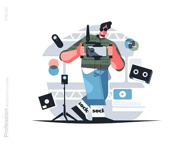 Videographer with professional equipment illustration character equipment flat illustration kit8 man professional vector videographer