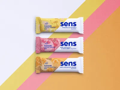Sens protein bars branding collage colorful cricket protein czech diagonal graphic design logo packaging design visual identity