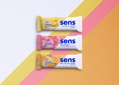 Sens protein bars branding collage colorful cricket protein czech diagonal graphic design logo packaging design visual identity