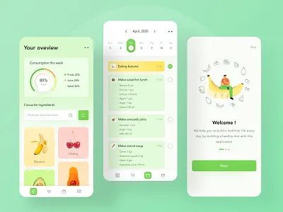 Healthy food everyday 🌼 calendar card chart clean dashboard date food fruits green health health app illustration illustrations mobile onboarding profile to do ui website yellow
