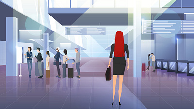 Airport adobe illustrator airport businesswoman characterdesign couple gradient illustration people queue redhead suitcase travel trip