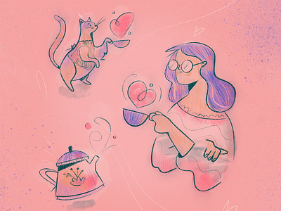 Take it easy animals cat character chill coffee flat fun girl glasses haircut illustration love pet pose procreate procreate app relax tea texture woman