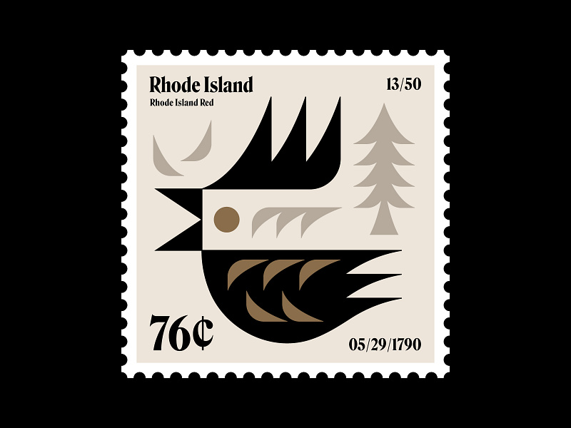 Rhode Island stamp updated alpine bird chicken feather icon illustration logo nature new england philately pine postage stamp rhode island ri rooster stamp symbol tree