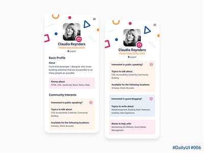 DailyUI 006 User Profile app design community daily ui dailyui dailyui006 dailyuichallenge mobile design mobile ui profile design uidesign uiux user profile uxui womendotcodebe womenintech womenwhocode