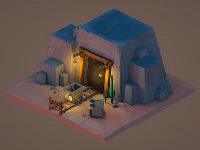 Isometric mine blender illustration isometric mine mine cart moutains procreate western