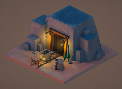 Isometric mine blender illustration isometric mine mine cart moutains procreate western