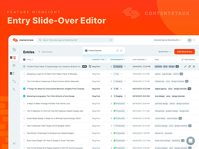Contentstack CMS - Entry Slide-Over Editor animation blog click cms content management editor full screen hover interaction modal overlay quick edit redesign save changes table