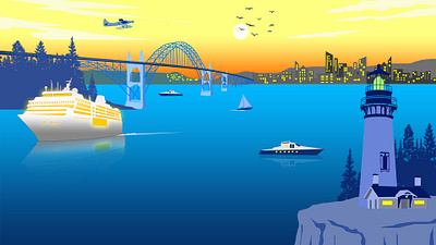 Cruising under the bridge. illustration web