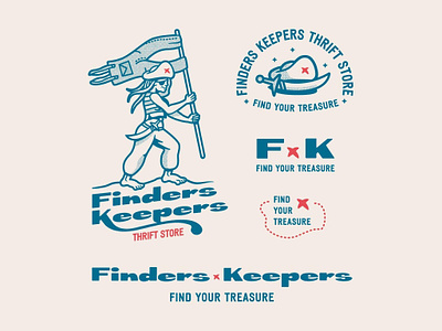 Finders Keepers brand branding clothing design doodle drawing illustration logo overalls pirate thrift typography vector