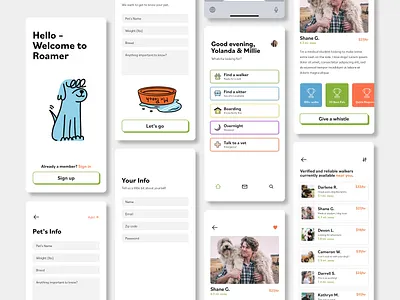 Roamer, the dog walking app. app design application design design dog figma gif illustration illustrator procreate product design ui uiux user flow user interface ux walking