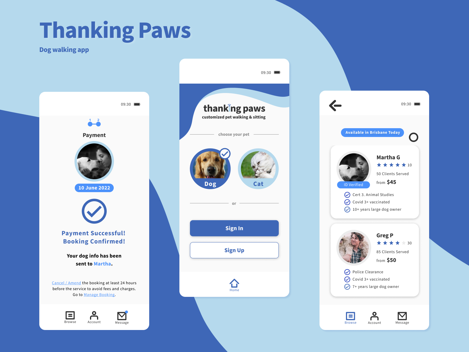 Thanking Paws - dog walking app branding case study mobile ui