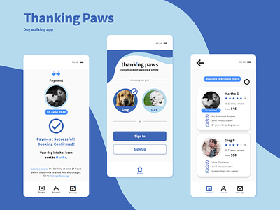 Thanking Paws - dog walking app branding case study mobile ui