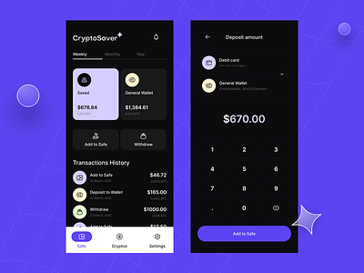 CryptoSaver: app, mobile design, visual identity balance bank banking app blockchain branding crypto cryptoapp cryptocurrency earnings finance finance app fintech identity mobile app savings visual identity wallet