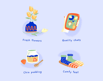 Spot Illustrations - Set 2 chia pudding comfortable desserts expat family flowers flowers illustration home illustration indoor joy little things love quarantine slippers smartphone socks spot illustration tulips video call