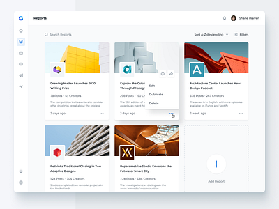 Social Media Reports admin admin ui app app concept cards dashboad gallery insights list product product design report social media ui web webapp