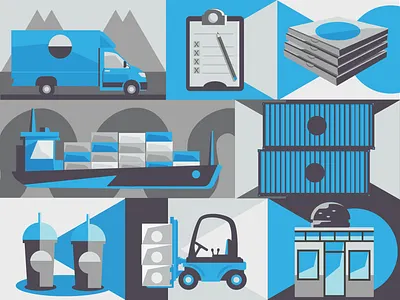 Trade Show Graphic clipboard delivery truck forklift pizza box shipping company shipping container slupees