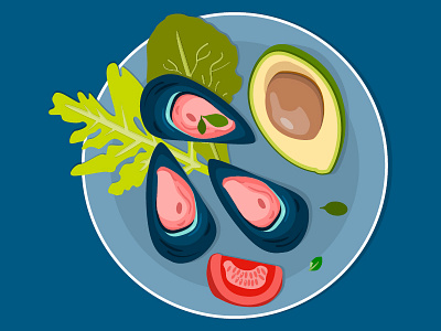 Avocado, salad, oysters and tomato on a plate avocado background information beijing cabbage blue brown card celebration chinese cabbage cuisine delicious design diet flat food menu oysters restaurant rosemary salad tomato