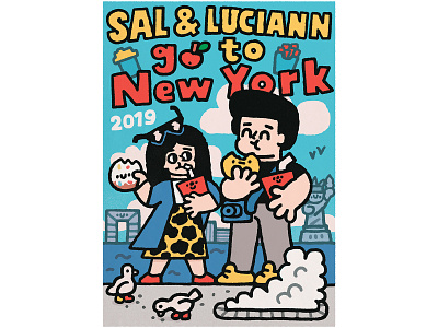 Sal and Luciann in New York apple cartoon coffee cute design donat doodle eat food fun girl illustration japanese kawaii logo men new york ny pegeon street